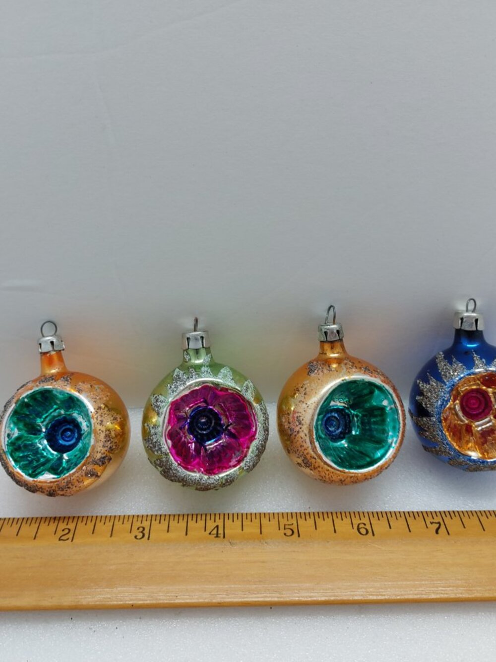 4 Small 2" Vintage Mercury Glass Christmas Tree Poland Round Indent Ornaments